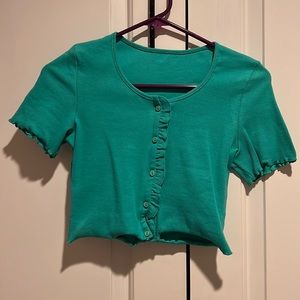 YesStyle Size S Sea Green Button Up Ruffled Trim Crop Top